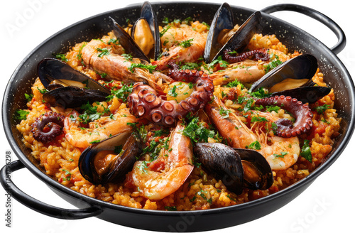Seafood paella in a black pan (1)