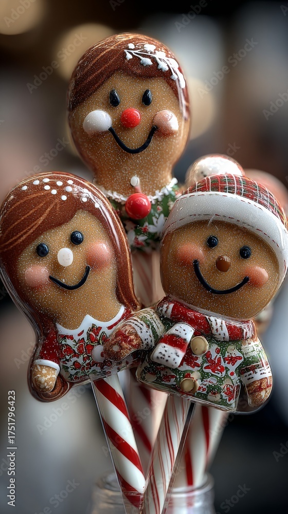 Fototapeta premium Christmas Candy Canes and Gingerbread Figures with Smiling Faces. Holiday-Themed Peppermint Sticks with Festive Decorations.