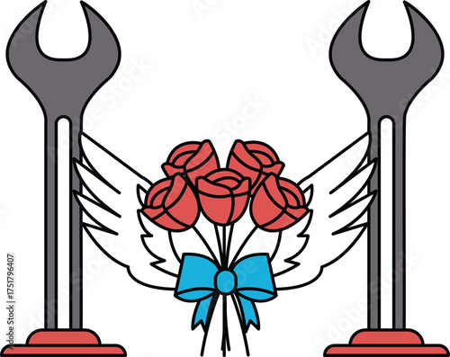 A black and white drawing of a flower bouquet with a wrench and a pair of wings