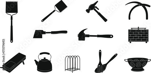 Black silhouette vector illustration of kitchen utensils, cooking tools, hand tools, household equipment, food preparation objects isolated on white background