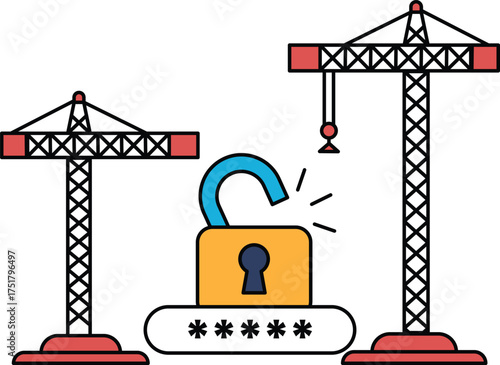 A black and white drawing of two cranes and a lock