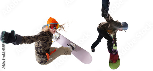 Snowboarding riders isolated on white background.