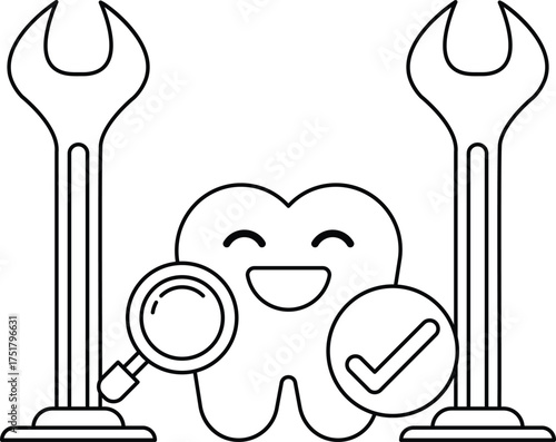 A cartoon tooth is smiling and holding a magnifying glass