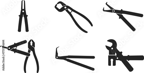 Black silhouette vector illustration of pliers, wrench, snap ring tool, cutting pliers, hand tools collection, repair equipment, workshop, white background