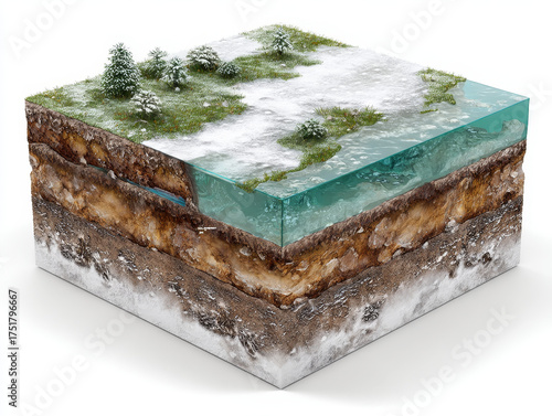Frozen tundra – Cutaway 3D diagram of a frozen tundra ecosystem showing moss layers, permafrost soil, and seasonal thaw zones.