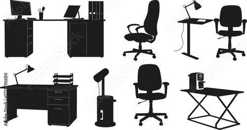 Black silhouette vector illustration of office desk, chair, table lamp, workstation, coffee machine, computer, workspace furniture, modern equipment