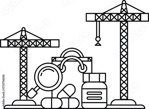 A black and white drawing of a construction site with a crane and a bag