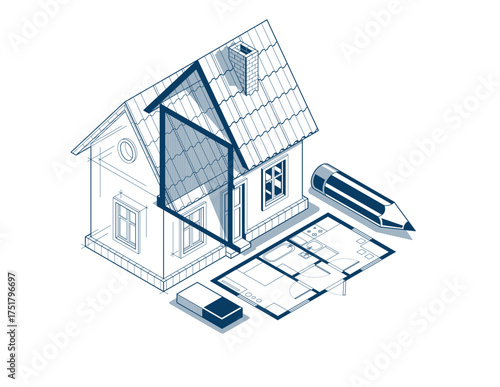House project implementation embodiment concept, 3D isometric vector illustration of a small house building project, construction architectural model, idea in progress.