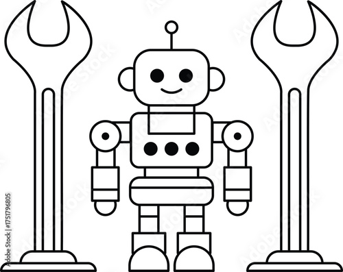 A robot is standing next to two mechanical tools