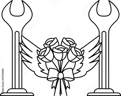 A black and white drawing of a flower bouquet with a wrench and a pair of wings