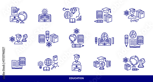 Education vector icons set, school study of science, university and academy learning, different disciplines knowledge.