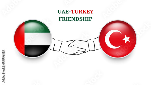 uae and turkey flags in circle with shake hand. uae And turkey friendship. uae And turkey flags, isolated on white background. Vector
