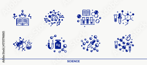 Science vector detailed icons set, molecules and atoms laboratory experiment, book university study, flask and tube experiment.