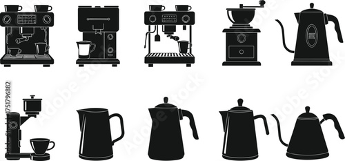 Black silhouette vector of coffee machines, espresso maker, coffee grinder, kettle, teapot, barista equipment, kitchen appliances isolated white