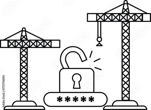 A black and white drawing of two cranes and a lock