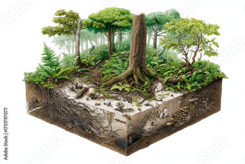 Rainforest floor – Cutaway 3D diagram of a rainforest floor ecosystem with fungal networks, detritus decomposition, and insect habitats.