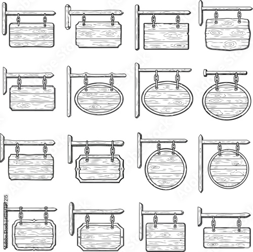 Hanging Wooden Sign Board Vector Set – Engraved Wood Plank Collection with Chains and Ropes Perfect for vintage shop signs, café logos, farm branding, outdoor boards, and decorative design projects.