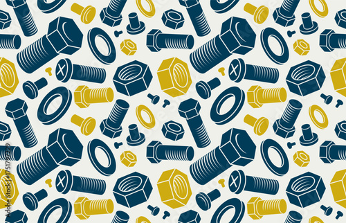 Bolts and nuts seamless background, repair and maintenance workshop tiling wallpaper, mechanic technics service endless pattern, elements easy to use separately.