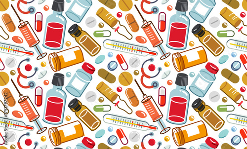Medicine seamless background, vector drugstore and pharmacology endless wallpaper, medical pills and bottles and ampules apothecary tiling pattern, elements easy to use separately.