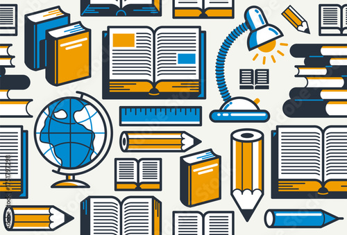 Books and reading seamless background, literature and library vector endless repeat wallpaper, education and documentary read.