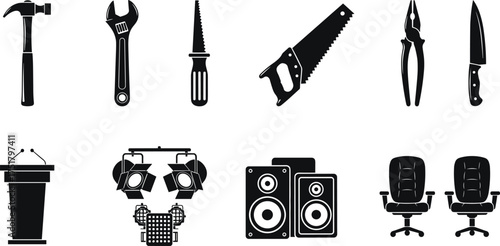 Black silhouette vector of hammer, wrench, saw, pliers, knife, podium, stage lights, loudspeakers, and office chairs illustration design