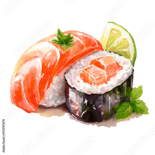 Stylized watercolor Sushi vector, modern artistic illustration with high-quality details on a pure white background.