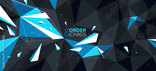 Black and blue polygonal vector abstract background, 3D low poly surface with dynamic particles in motion, order and chaos creative concept, broken elements.