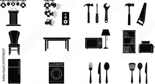 Black silhouette vector set of podium, stage lights, tools, furniture, refrigerator, washing machine, kitchen appliances, utensils, household illustration design
