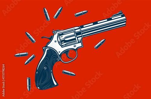 Detailed revolver shotgun and bullets vector illustration in a classic graphic design style, beautiful gun drawing over red background.