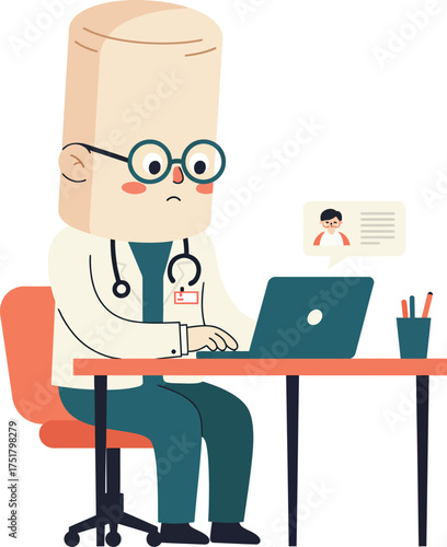 Doctor in white coat using laptop for telemedicine consultation with a patient online
