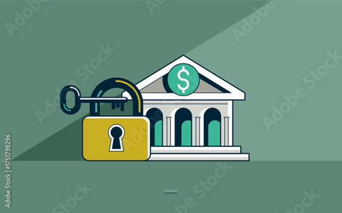 Secured banking concept poster, bank building with lock and key vector icon style illustration, safe banking operations, safe account padlock locked and private.