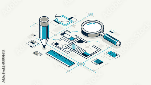 Engineering project concept, blueprint engineer work vector 3D isometric illustration, abstract draft drawing, cad technical plan.