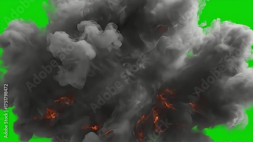 Dramatic explosion with realistic smoke effect overlay on green screen footage