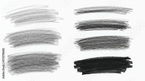 Pencil Strokes Collection Artistic Graphite Marks on Paper Surface Shading Techniques for Drawing Smoothness with Various Textures Dark to Light Gradient Scale Black White.