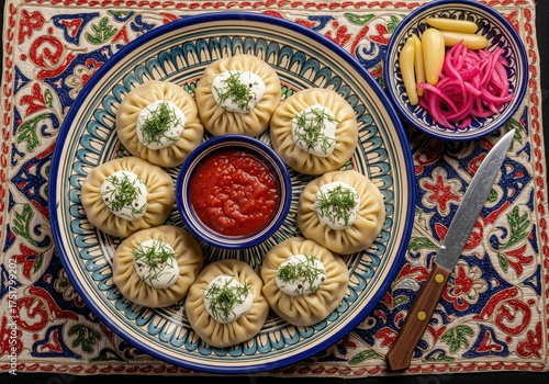 Traditional Uzbek manti steamed dumplings with sour cream and tomato sauce on a platter