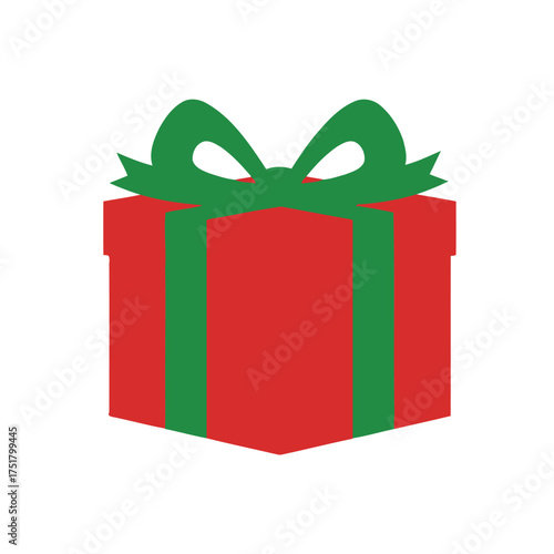 A vibrant red gift box adorned with a festive green ribbon and bow.