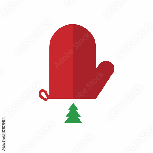 Red oven mitt with a small green Christmas tree below it.