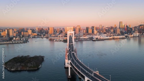 tokyo city skyline aerial view drone of city bay waterfront,flying over rainbow bridge landmark with modern high-rise building in the background