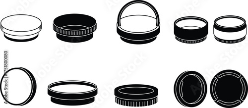 Camera lens cap and filter silhouette vector illustration, photography equipment accessory set, black optical cover design on white background
