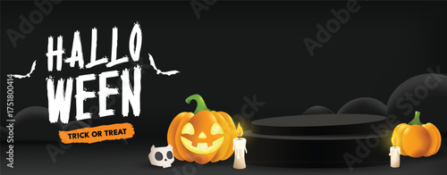 Spooky Halloween banner with glowing pumpkins, candles, and dark podium background. Perfect for seasonal sale, web header, or festive design projects.