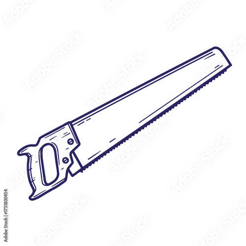 Hand drawn illustration of a hand saw isolated on a clean white background