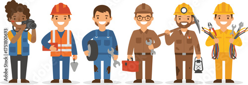 Vector Illustration of Diverse Professions with Happy Workers
