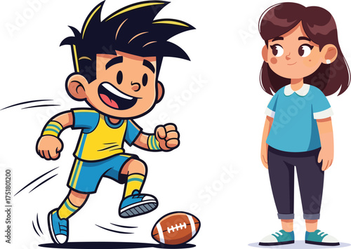 Cartoon boy playing football outdoors, energetic child kicking ball, girl watching calmly, kids sports activity, fun illustration, colorful scene