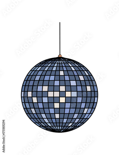 Minimalist digital illustration of a disco ball with blue and white grid pattern, perfectly spherical, hanging on a copper hook, isolated on transparent background, clean vector art