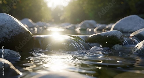 Wallpaper Mural Sunlight filters through trees onto a shallow stream with smooth rocks and bubbling water animated 4k video Torontodigital.ca