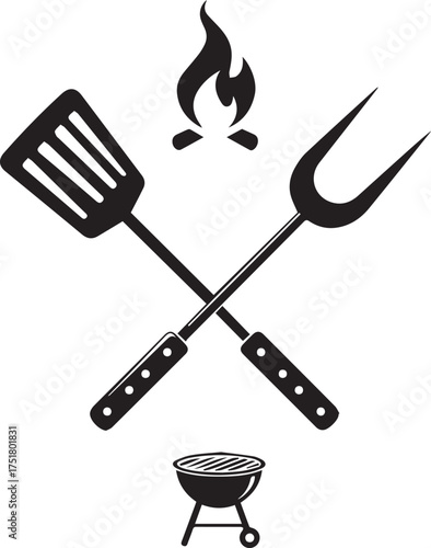 Barbecue Grill Utensils and Flame Icon cooking food
