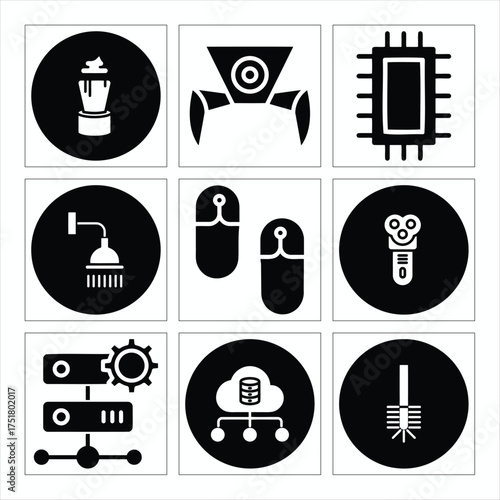 Black And White Icons For Technology Personal Care And Home Amenities With Grid Layout