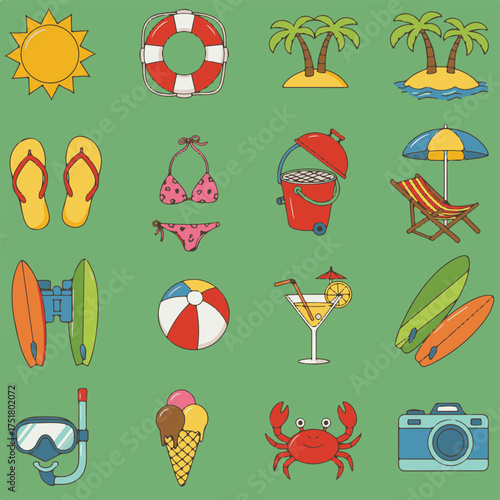 Summer Vacation Icons on Green Background lifebuoy