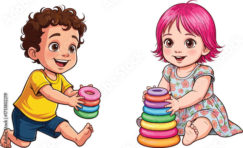Cartoon children playing with stacking rings, colorful educational toys, early childhood development, motor skills, learning activity, preschool illustration