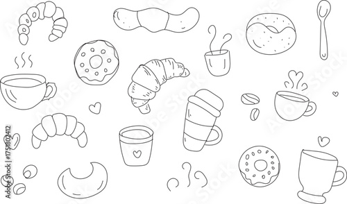 Coffee Doodle Pack. Mug, takeaway cup, beans, coffee pot,bakery items and steam lines.